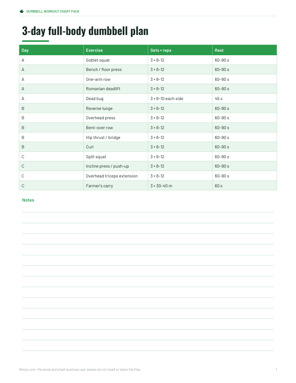 Preview of Printable Dumbbell Workout Chart