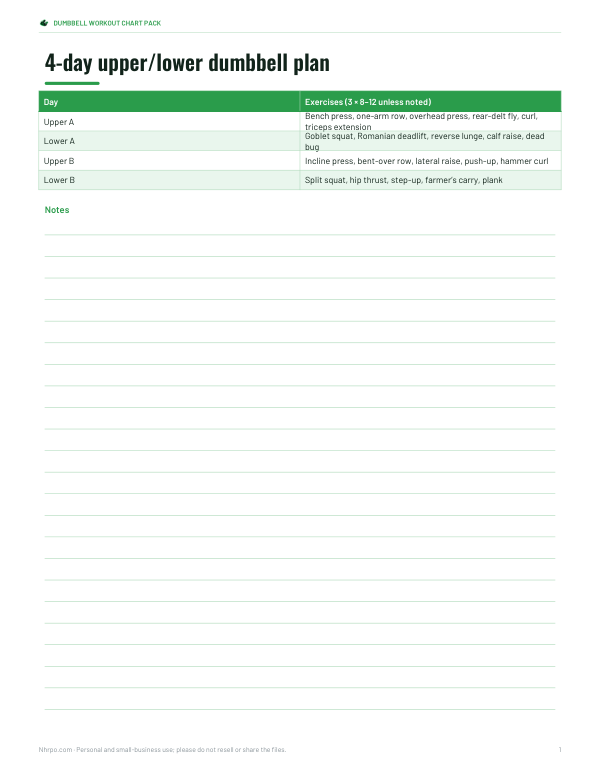 Preview of Printable Dumbbell Workout Chart